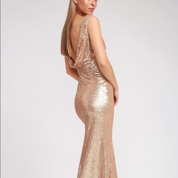 SOLD Lulu’s Slink and Wink Matte Rose Gold Sequin Maxi Dress - Picture 4 of 9